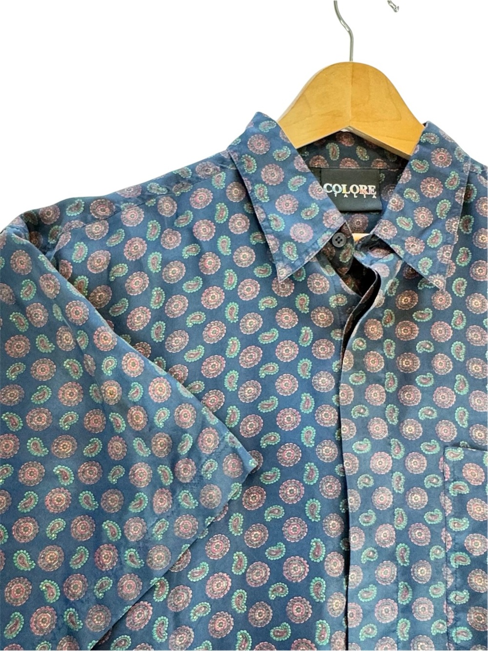 Colore Italia Men's 100% Silk Paisley Print Short Sleeve Button Up Shirt 90s Y2K